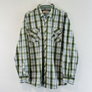 Mens XL Michael Brandon Green Plaid Button Shirt Roll Tab Long Sleeves Casual
